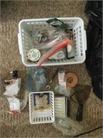 Misc tools, nails, hardware and plastic bins