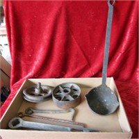 Antique forged ladle,wheels,hooks,and more.