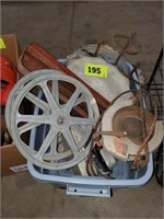 TOTE OF MISC. ITEMS- PULLEYS- CIRC. SAW-