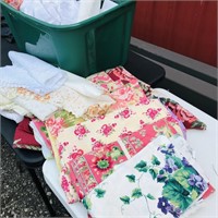 Tote of table cloths, doilies, Scrap Fabric