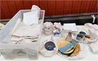 Tote full of Glassware, Square Plates, Clay Type,