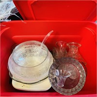 Tote of Punch bowls, Cake/Cheese Servers and more