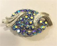 Vintage blue rhinestone aurora borealis brooch