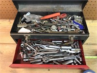 Metal tool box with assorted tools
