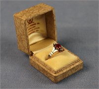 Edwardian 14k Gold Ring w/ Diamonds, Red Stone