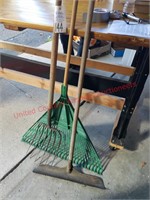 Yard rake, 6 tine fork, and sand rake