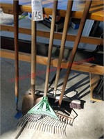 Yard rake, hoe,spade,metal rake and push broom