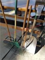 Pitch fork, yard rake, shovel