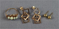 (2) Pairs Gold Pierced Earrings + Opal Ring