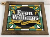 * Evan Williams Distiller wood framed bar mirror.