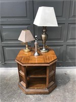 Vintage Octagonal Solid Wood Table & Lamps