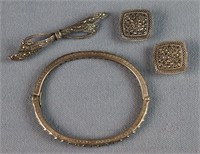 Sterling Silver Bracelet + Earrings, Brooch