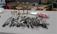 Mixed silverware, brass candlesticks, enamel