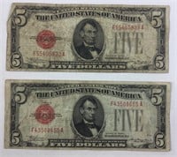 Pair of Circulated 1928c Red Seal Five Dollar Bill