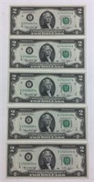 lot of 5 1976 2 Dollar SEQUENTIAL Serial Number