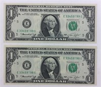 lot of 2 1974 1 Dollar SEQUENTIAL Serial Number