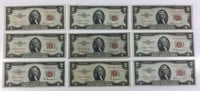 lot of 9 Red Seal 2 Dollar Bills 1953
