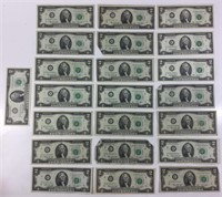 Huge lot of 22 Green Seal 2 Dollar Bills
