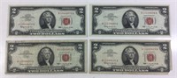 Lot of 4 Red Seal 2 Dollar Bills 1963.