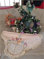 Floral Arrangements & Embroidered Table Scarf