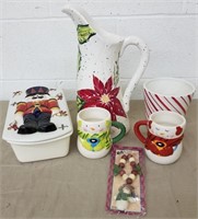 Christmas Pitcher, Loaf Pan, Mugs & Necklace