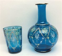 Blue Hand Painted Nightstand Decanter and Glass