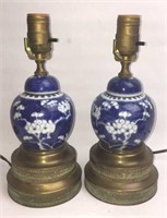Pr Chinese Blue and White Floral Ginger Jar Lamps