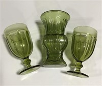 3 pieces green glass pair is marked Duratuff
