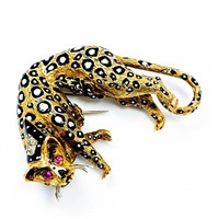 $9500 Heavy 18k Gold Diamond & Ruby Panther Pin
