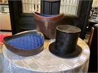 Antique Stove Pipe Hat & Leather Box