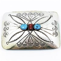 James Toadlena Silver Coral Turquoise Belt Buckle