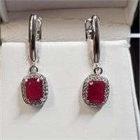 Rhodium Plated St.Silver Ruby(2ct) Earrings