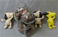 Glass Snoopy Bank With Pennies, Celluloid Snoopy