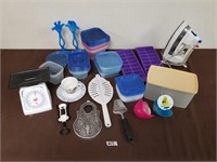 Large lots of kitchen dishes and items and an iron
