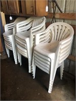 20 Plastic Stacking Chairs, 2 Wrought Iron Chairs