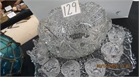 Vintage crystal punch bowl with 11 various cups