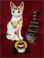 3 unmatched items ceramic cat , wood cat mail