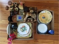 3 boxes of glassware, brass, wooden, and ceramic