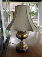Brass lamp with silk shade electrified 23”