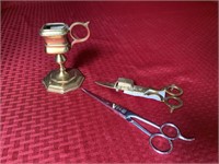 3 items: Brass candle stick with candle snuffers