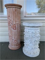 2 unmatched pedestals, one terracotta ceramic