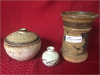 3 art pottery items bowl ,bud vase,vase 9”