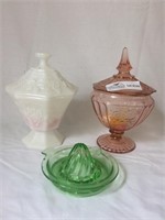 3 glass items: 2 depression glass items pink