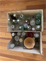 Two box lots of bottles, decanters, vases, and