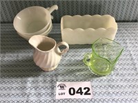 GREEN DEPRESSION MEASURING CUP, MILK GLASS, FIRE