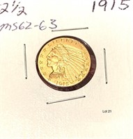 1915 $2.50 U.S Indian Head Gold Coin (MS 62- 63)