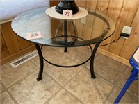 ROUND GLASS END TABLE W/ WROUGHT IRON BASE