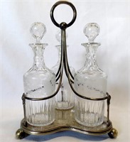 Crystal Etched Wine Decanters & Silver Plate Caddy
