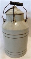 Antique Stoneware Milk  Bottle Jug w Wood Handle