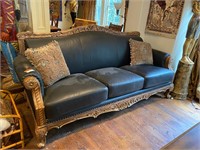 Carved Wood Leather Sofa